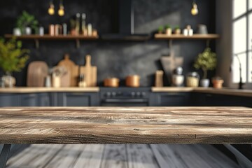 Fototapeta na wymiar Empty mockup space on modern kitchen tabletop over blurred minimal Scandinavian kitchen