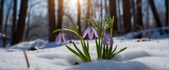 Purple snowdrops. Spring. Flowers breaking through the snow. Rays of light. Flowers in close-up....