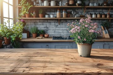 Fototapeta na wymiar Empty wooden table in beautiful kitchen. Interior design