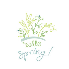 Fototapeta na wymiar Hand drawn spring composition of stems and leaves. inscription in doodle style. Hello Spring