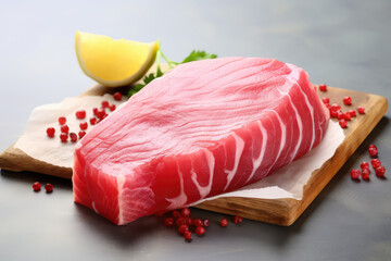 Raw tuna steak, Red sea fish fillet, fresh tuna filet, seafood sashimi, bluefin piece, akami, ahi loin - obrazy, fototapety, plakaty