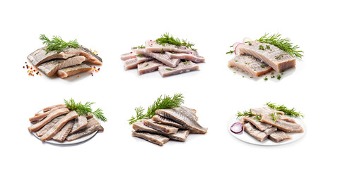 Obraz premium Salted Herring Fillet Isolated, Raw Pickled Fish Meat, Marinated Herring on White Background
