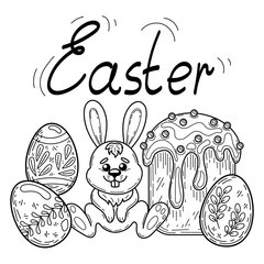 Easter coloring book cupcake, eggs, bunny sketch. Hand drawn vector illustration.