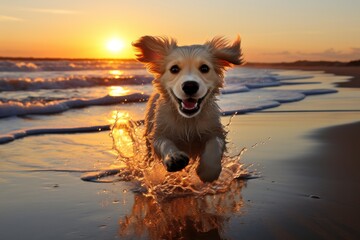 A golden retriever runs on the beach at sunset, splashing water in the golden orange sky. This image is perfect for pet and beach lovers, and anyone who enjoys summer and vacation.