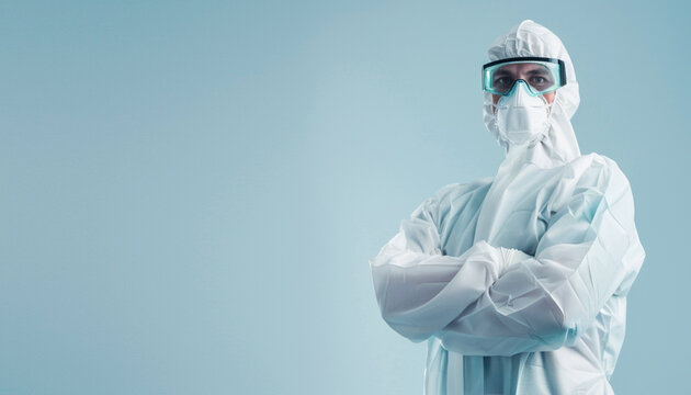 Worker wears medical protective suit or white coverall suit with mask and goggles arm crossed. Copy space image. Place for adding text