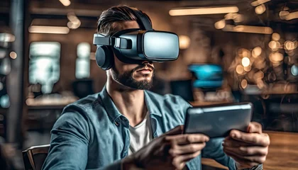 Fotobehang person with VR glasses, portrait of a person with VR glass, person playing game with VR glass, person doing work with VR glass © Gegham