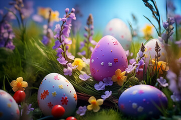 Fototapeta na wymiar Easter eggs with spring flowers on fresh green Grass. happy Easter. congratulation Easter background