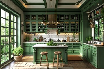 Kitchen decor with green furniture and island