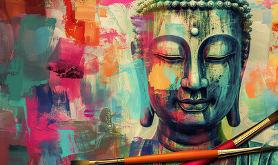colorful vivid golden buddha face, buddhism religion concept, closeup multicolored portrait of buddha with closed eyes