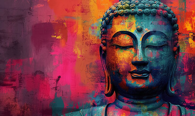 Fototapeta premium colorful vivid golden buddha face, buddhism religion concept, closeup multicolored portrait of buddha with closed eyes
