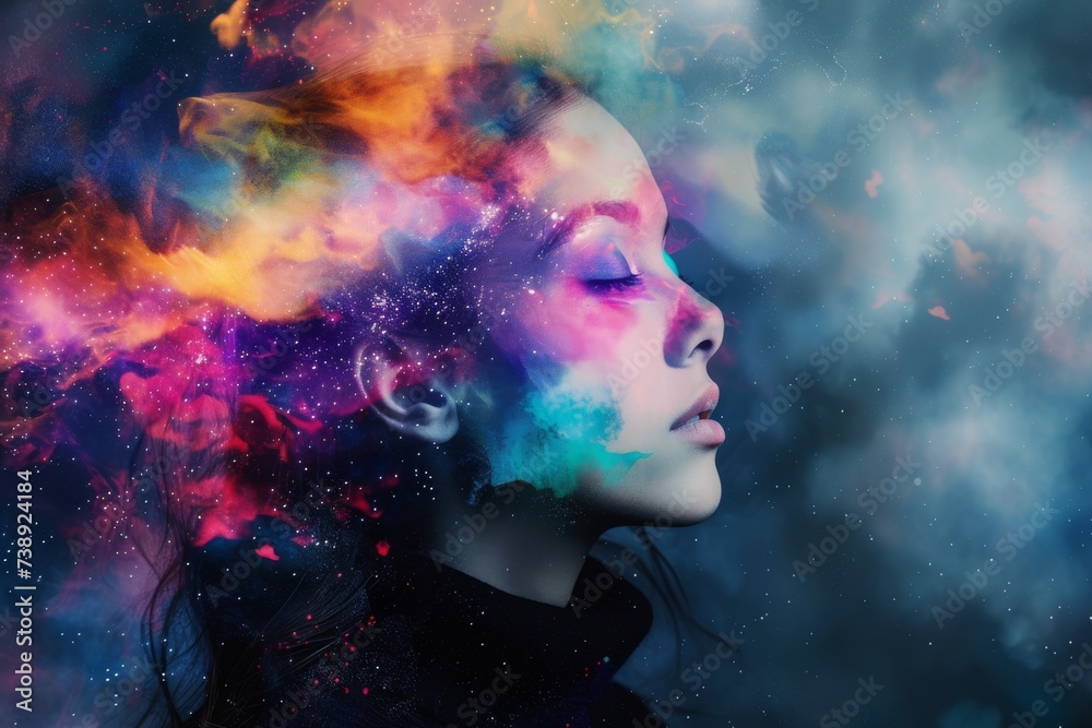 Wall mural woman's portrait with cosmic space elements merged
