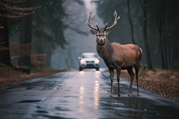 Unexpected Encounter: Deer on a Wet Forest Road
