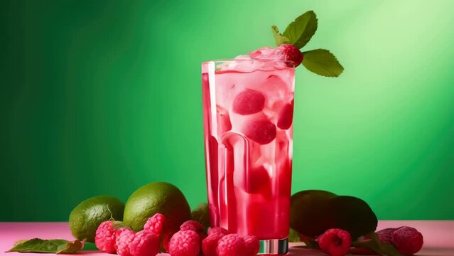 Tall glass filled with raspberries and lime