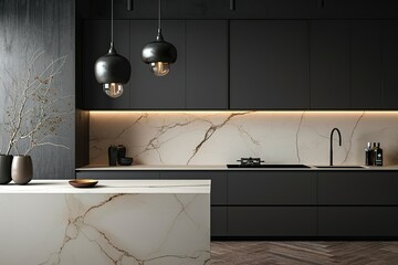 Kitchen marble bench close up with black hanging pendant and vase
