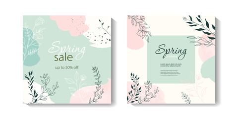 Fototapeta na wymiar Spring square backgrounds with floral elements, leaves. Editable vector template for greeting card, poster, banner, invitation, social media post. Hello spring. Spring sale