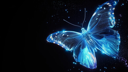 beautiful blue glowing butterfly at black background, colorful light fantasy illustration	