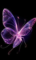 beautiful purple neon glowing butterfly illustration at black background, colorful magic light wallpaper