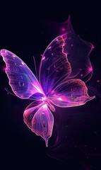 beautiful purple neon glowing butterfly illustration at black background, colorful magic light wallpaper