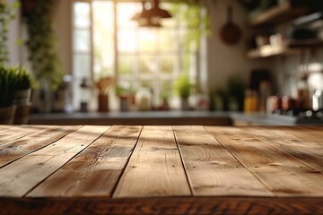 Kitchen table top and blur background of cooking zone interior