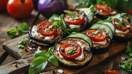 Stuffed Eggplant Rolls with Cream Cheese, Grilled Aubergine with Cucumbers, Tomatoes and Lettuce - obrazy, fototapety, plakaty