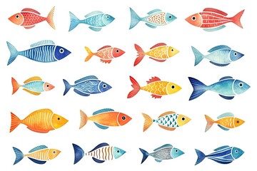 Fototapeta premium Watercolor Fishes Isolated, Sketched Fish Flock, Doodle Fish Set on White Background