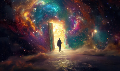 man walking into fantastic world through open door, new beginnings and new life, gate to heaven, afterlife and paradise concept - obrazy, fototapety, plakaty