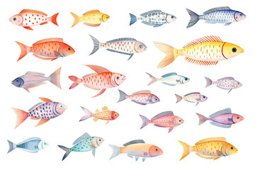 Watercolor Fishes Isolated, Sketched Fish Flock, Doodle Fish Set on White Background