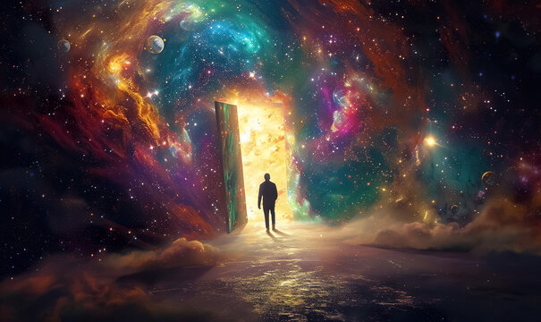 man walking into fantastic world through open door, new beginnings and new life, gate to heaven, afterlife and paradise concept