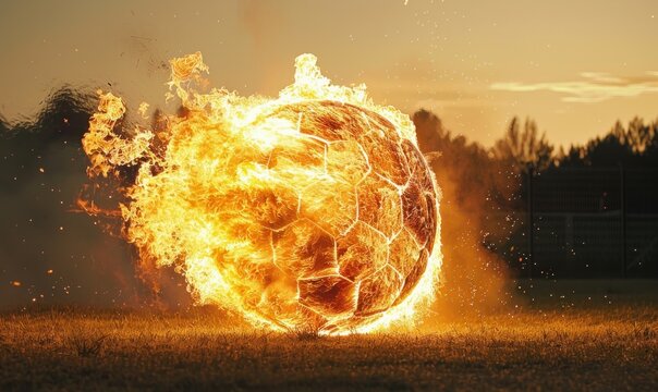 A blazing soccer ball ignites the field, symbolizing intense championship battles and high-stakes betting