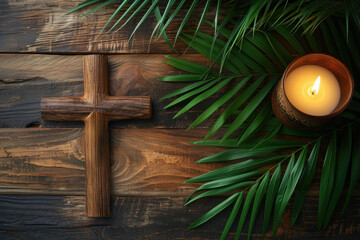 Naklejka premium Christian wooden cross, candle and palm branches as a symbol of the coming of Jesus to Jerusalem