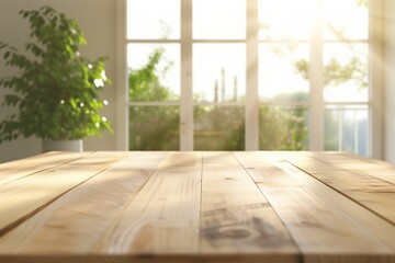 The background is a light wooden table in the foreground. Large bright window with sunlight and green indoor plants in the background