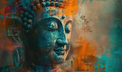 colorful vivid golden buddha face, buddhism religion concept, closeup multicolored portrait of buddha with closed eyes