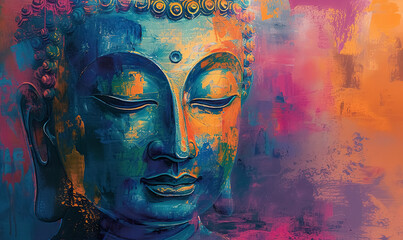 colorful vivid golden buddha face, buddhism religion concept, closeup multicolored portrait of buddha with closed eyes