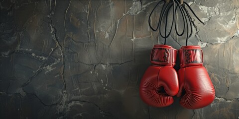 New red boxing gloves hanging on wall