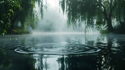Gentle ripples on the surface of a serene pond surrounded by weeping willows in the early morning mist.