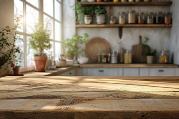 Kitchen wooden table top and kitchen blur background interior style scandinavian