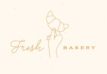 Hand holding croissant with lettering fresh bakery drawing in linear style on beige background - 738925511