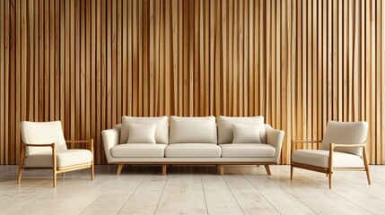 Minimalist modern living room with beige sofa and armchairs against a wood-paneled wall
