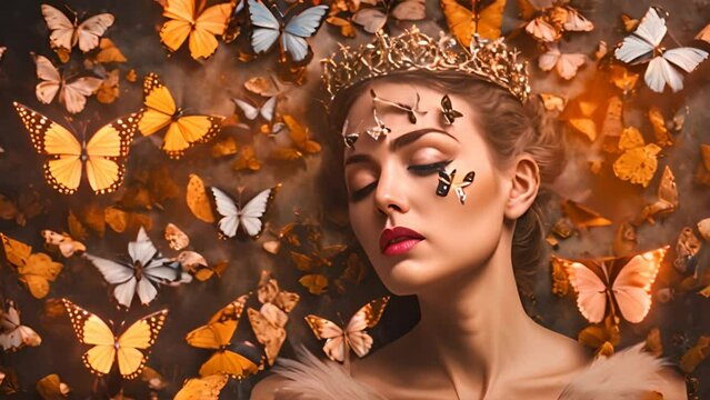 Sensual woman is depicted wearing crown while being surrounded by group of beautiful butterflies. The scene captures a regal and elegant moment as the woman interacts with natures delicate creatures