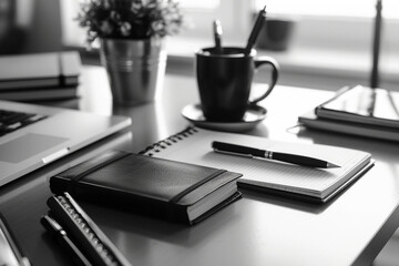 detailed photograph of an Indian business woman's desk with minimal clutter, featuring only essential tools for productivity, such as a sleek pen and notepad, minimalistic style,