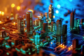 A conceptual visualization of a smart city with glowing structures on a digital circuit board, symbolizing urban technology integration concept. AIG41