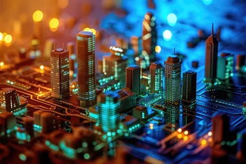  A conceptual visualization of a smart city with glowing structures on a digital circuit board, symbolizing urban technology integration concept. AIG41 © Summit Art Creations