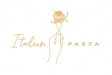 Hand holding fork with spaghetti lettering italian pasta drawing in linear style on beige background