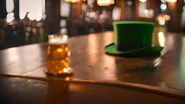 Green top hat resting on top of sturdy wooden table. Simple yet elegant design of hat contrasts beautifully with the rustic texture of table