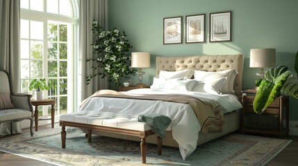 Modern bedroom interior design with a French country flair and a mint-colored wall