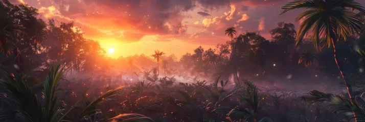 Foto op Canvas Tropical Paradise at Dawn - A breathtaking view of a tropical forest with the sun casting a warm glow over the vibrant foliage. © Tida