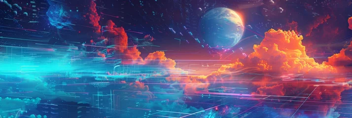 Papier Peint photo Aubergine Futuristic Sci-Fi Space Panorama - This digital art masterpiece showcases a cosmic vista with a prominent planet and neon-lit clouds amidst a digital landscape.