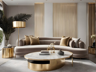 Modern Minimalism: Chic Home Interior Design of a Modern Living Room with a Luxurious Curved Sofa