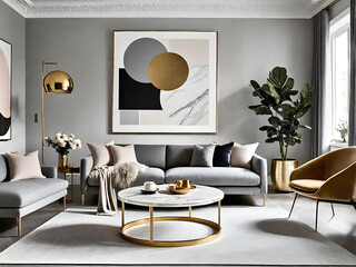 Elegant Scandinavian Living Room with Golden Accents and Modern Design