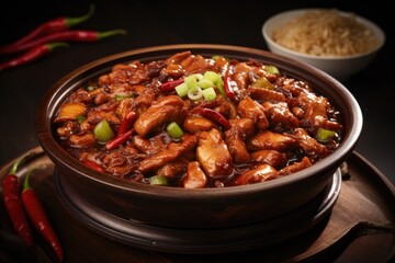 Chinese Kung Pao chicken dish in a traditional bowl.